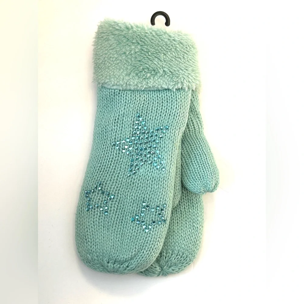 C.C Kids Glove Star Fuzzy Cuff Rhinestone Knit Mitten Gloves Girls Size M-L aqua